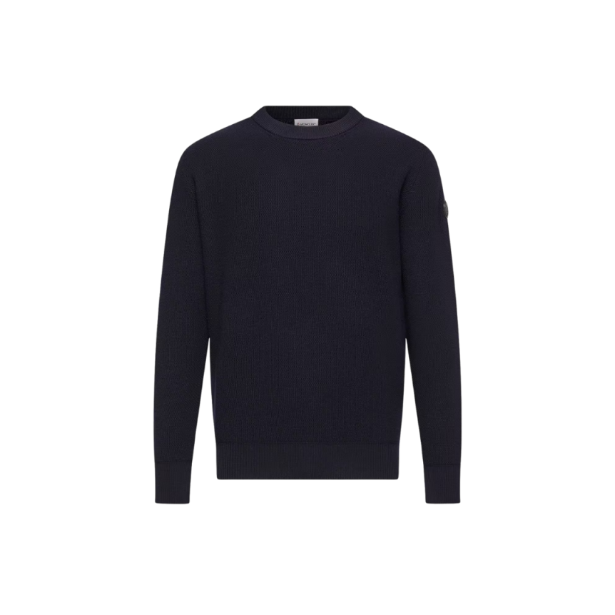 Pull col rond MONCLER laine vierge nid d'abeille bleu marine logo cuir