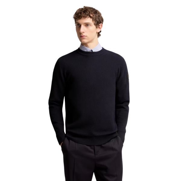 Pull col rond MONCLER laine vierge nid d'abeille bleu marine logo cuir
