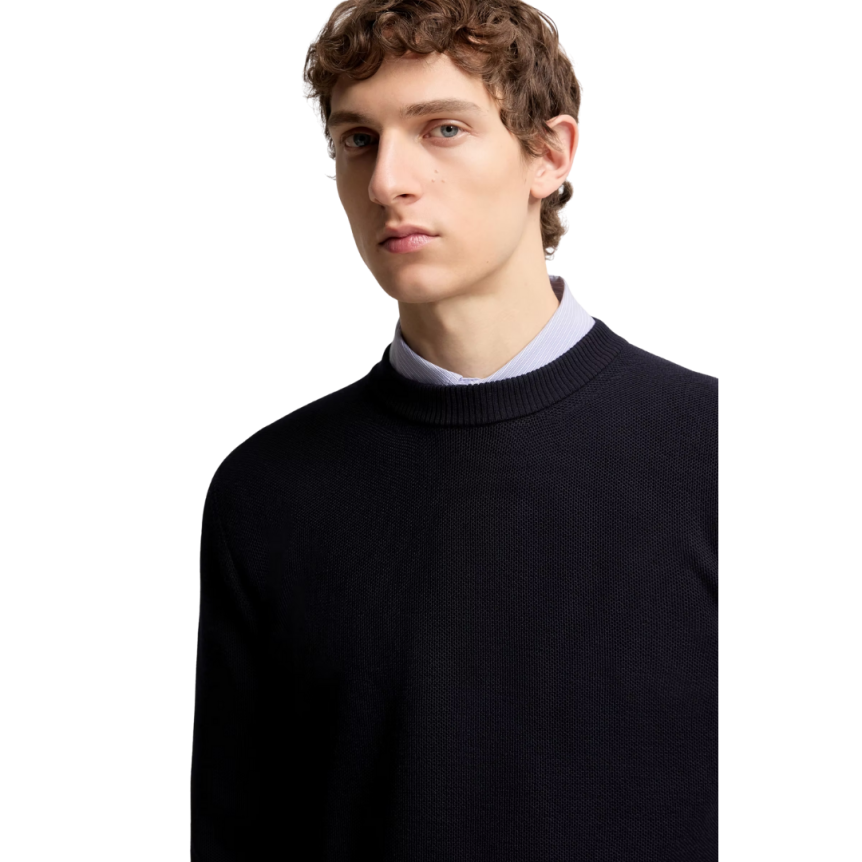 Pull col rond MONCLER laine vierge nid d'abeille bleu marine logo cuir