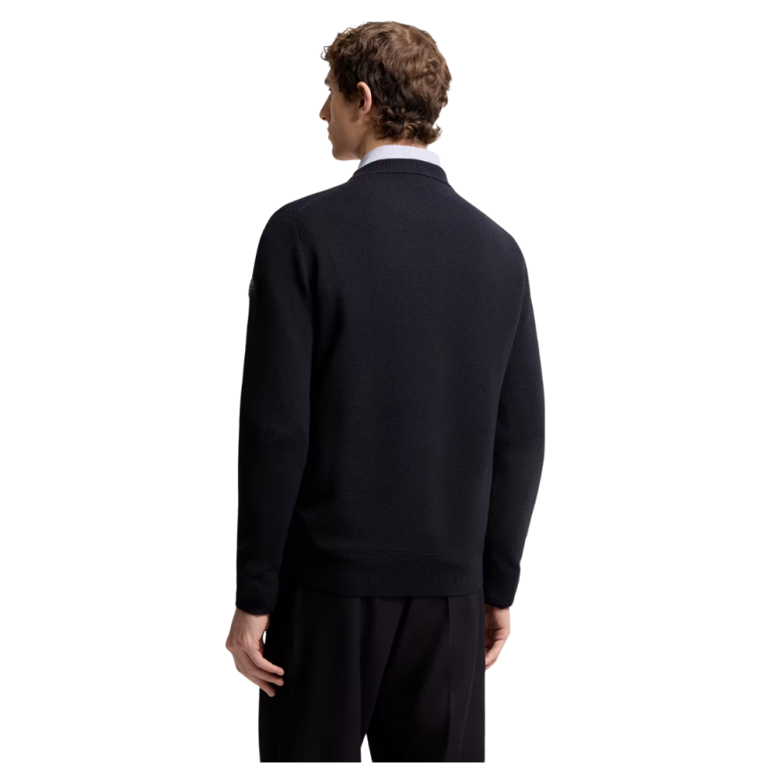 Pull col rond MONCLER laine vierge nid d'abeille bleu marine logo cuir