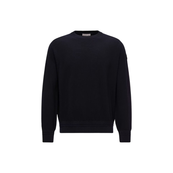 Pull col rond MONCLER laine vierge gauffrée noir logo cuir