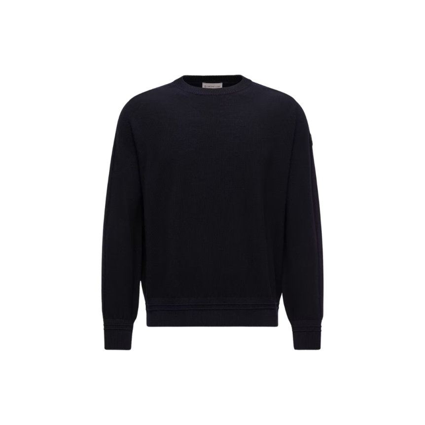 Pull col rond MONCLER laine vierge gauffrée noir logo cuir