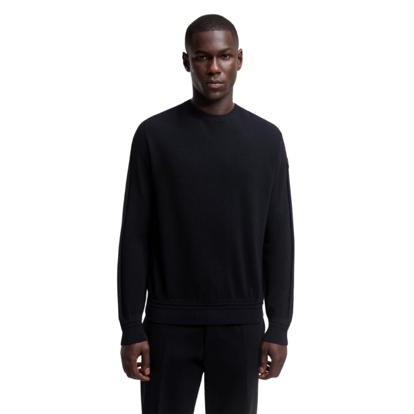 Pull col rond MONCLER laine vierge gauffrée noir logo cuir