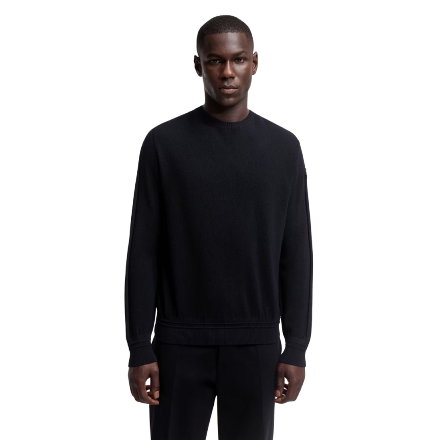 Pull col rond MONCLER laine vierge gauffrée noir logo cuir