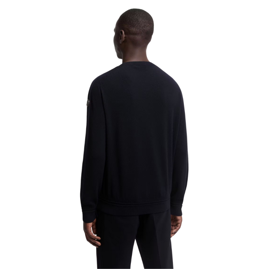 Pull col rond MONCLER laine vierge gauffrée noir logo cuir