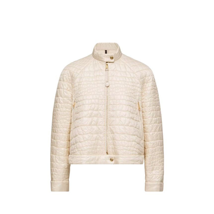 Doudoune courte MONCLER Aubrieta motard matelassage géométrique effet croco écru