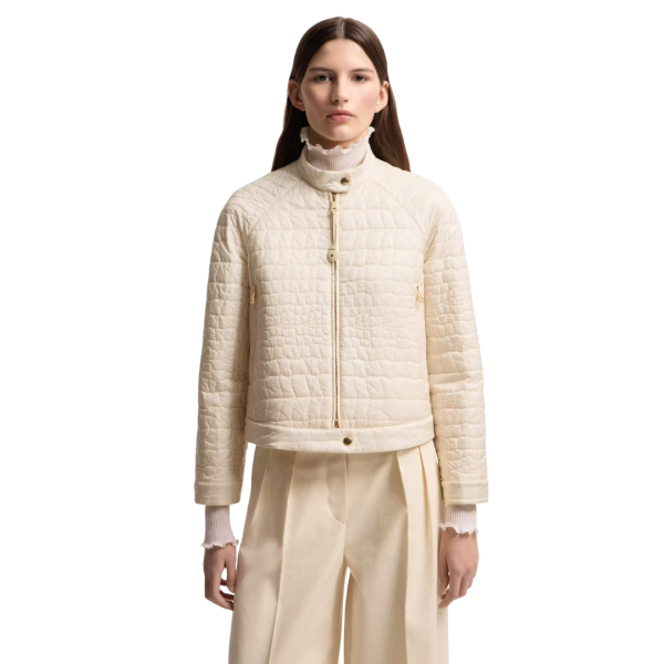 Doudoune courte MONCLER Aubrieta motard matelassage géométrique effet croco écru