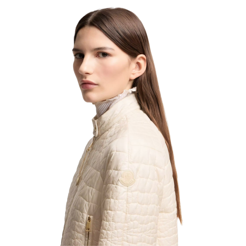 Doudoune courte MONCLER Aubrieta motard matelassage géométrique effet croco écru