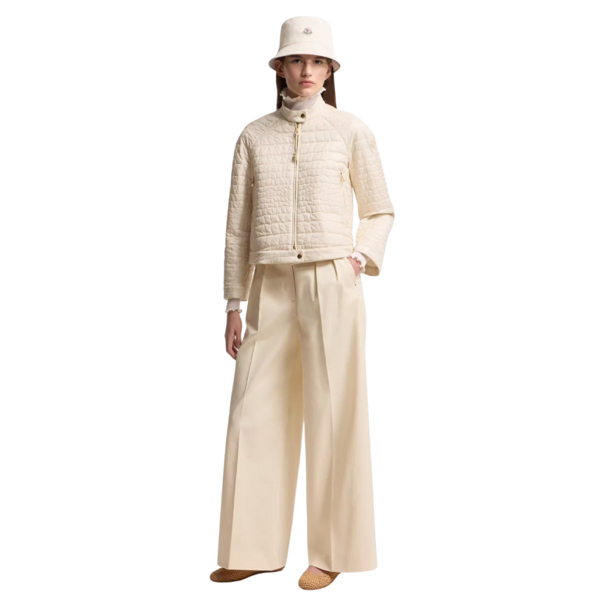 Doudoune courte MONCLER Aubrieta motard matelassage géométrique effet croco écru