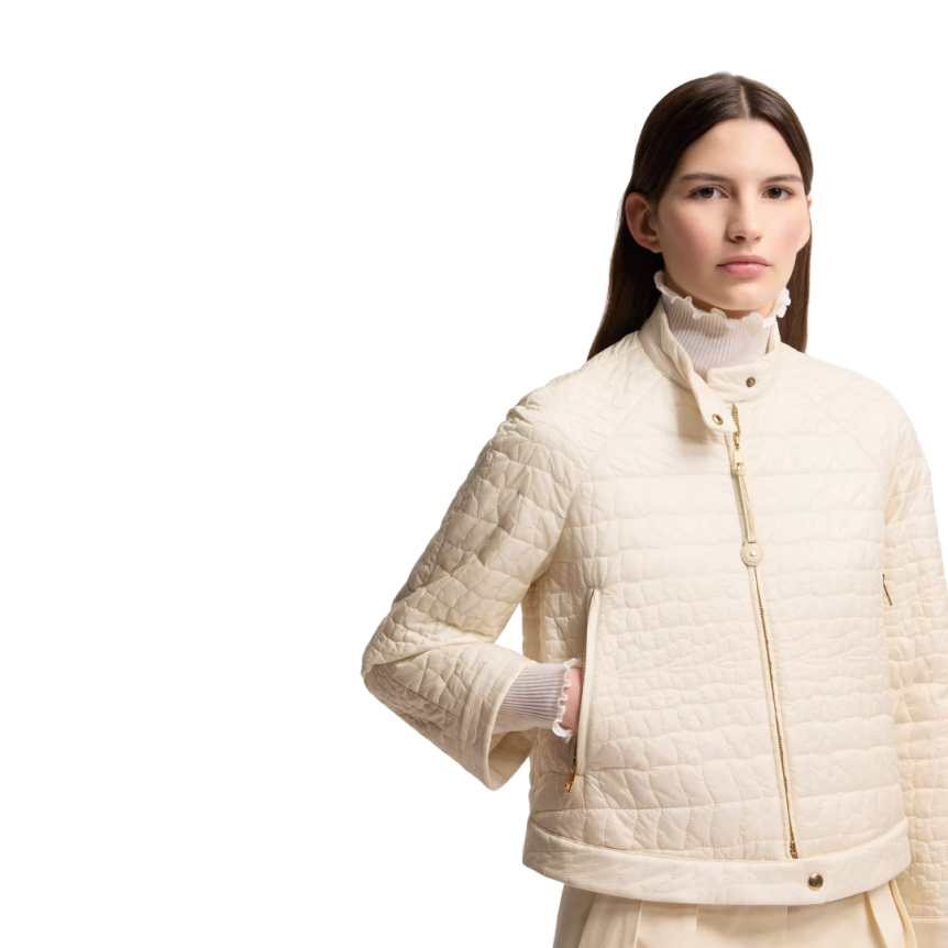 Doudoune courte MONCLER Aubrieta motard matelassage géométrique effet croco écru