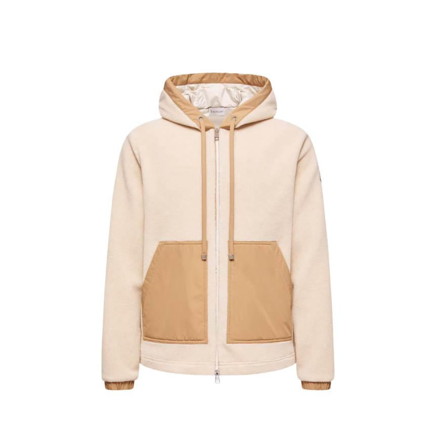 Sweat à capuche zippé teddy polaire beige poche camel