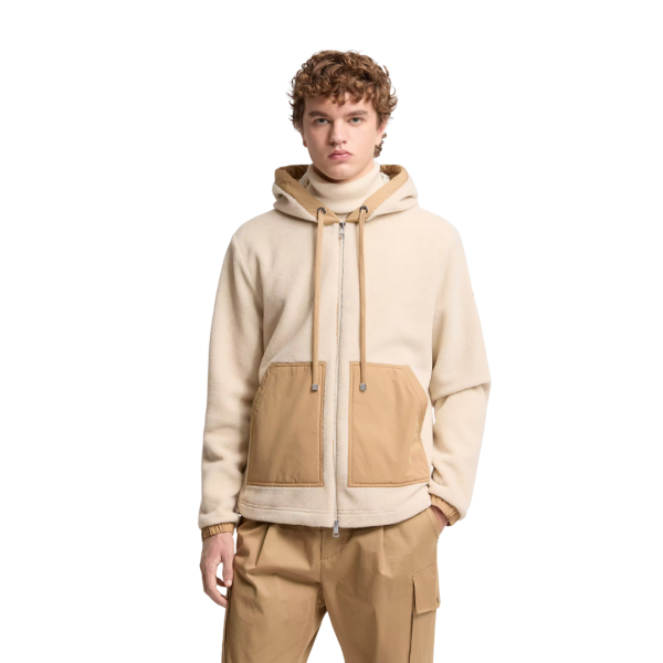 Sweat à capuche zippé teddy polaire beige poche camel