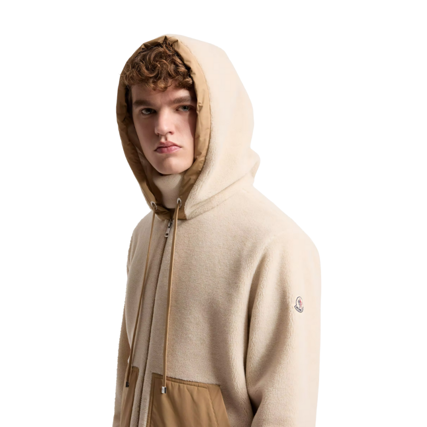 Sweat à capuche zippé teddy polaire beige poche camel