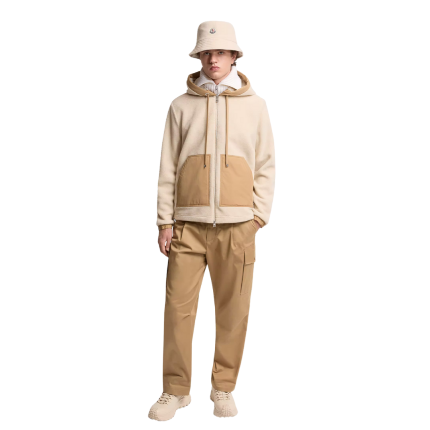Sweat à capuche zippé teddy polaire beige poche camel