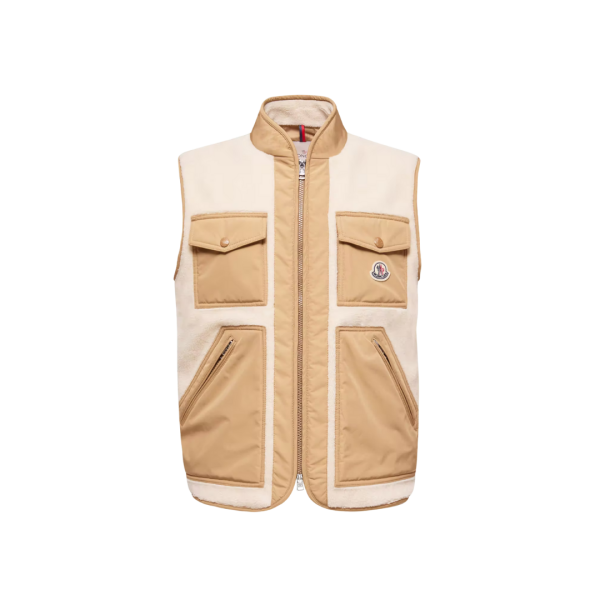 Doudoune sans manches gilet MONCLER Karakai teddy molletonné beige poche camel