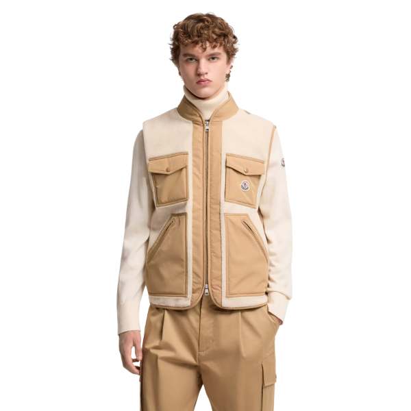 Doudoune sans manches gilet MONCLER Karakai teddy molletonné beige poche camel