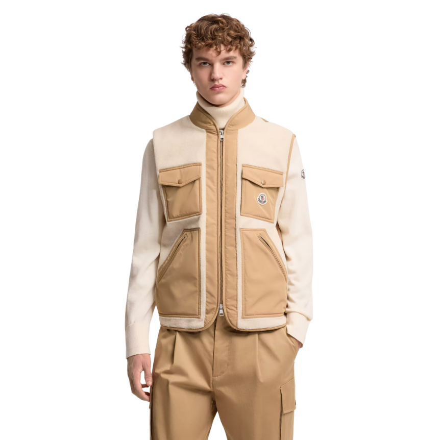 Doudoune sans manches gilet MONCLER Karakai teddy molletonné beige poche camel