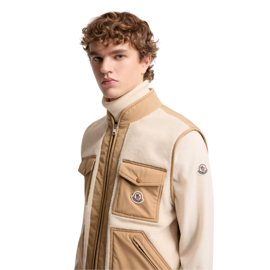 Doudoune sans manches gilet MONCLER Karakai teddy molletonné beige poche camel