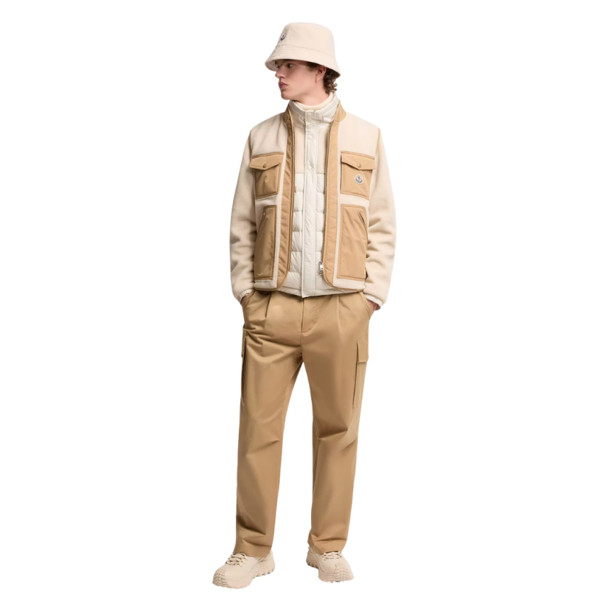 Doudoune sans manches gilet MONCLER Karakai teddy molletonné beige poche camel