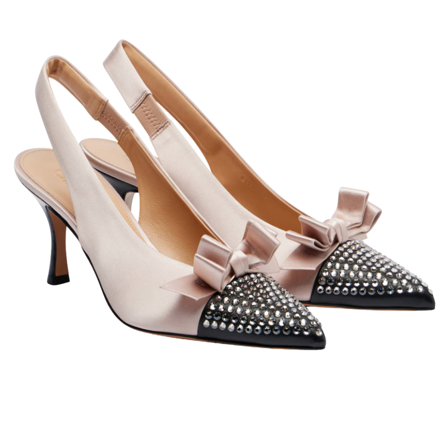 CHLOE Escarpins Slingback Alba satin rose bout pointu noir strass nœud