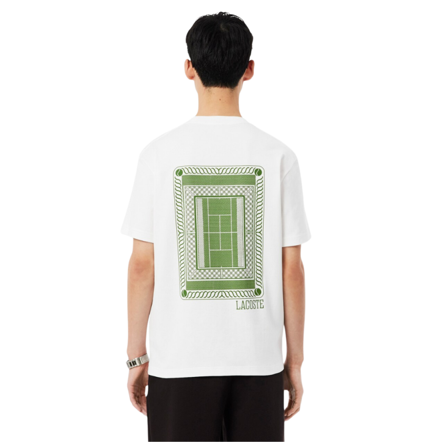 T-shirt LACOSTE manche courte jersey coton blanc imprimé court de Tennis dos