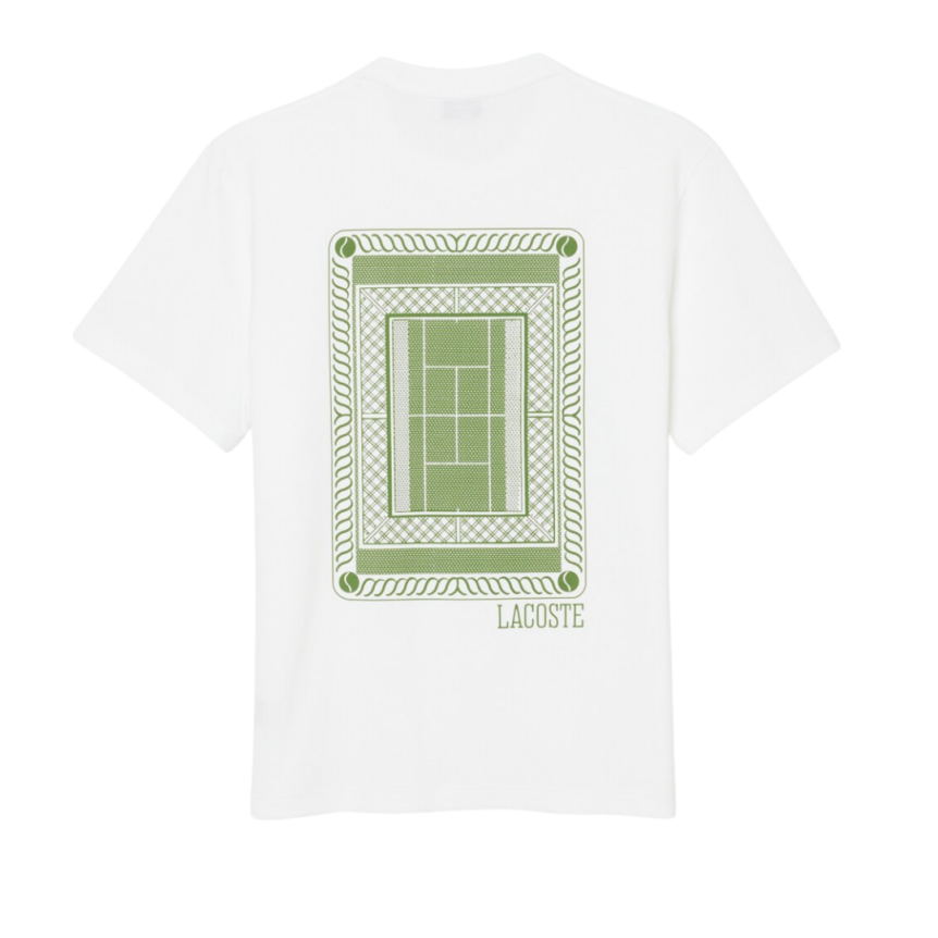 T-shirt LACOSTE manche courte jersey coton blanc imprimé court de Tennis dos