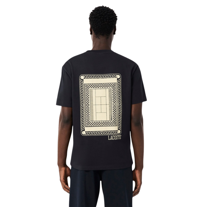 T-shirt manche courte LACOSTE jersey coton noir imprimé court de Tennis dos