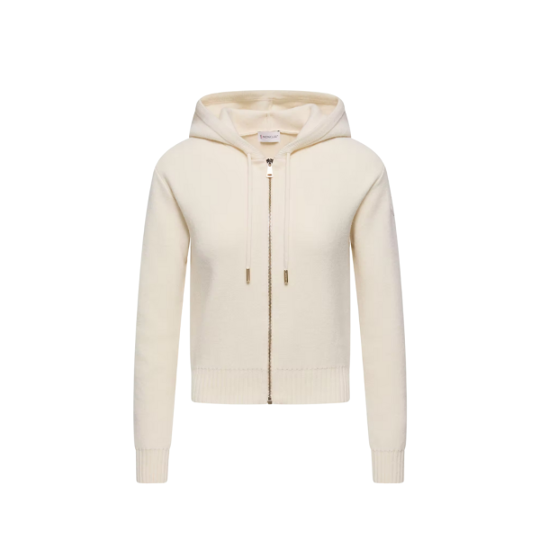 Cardigan zippé à capuche MONCLER laine vierge cachemire écru
