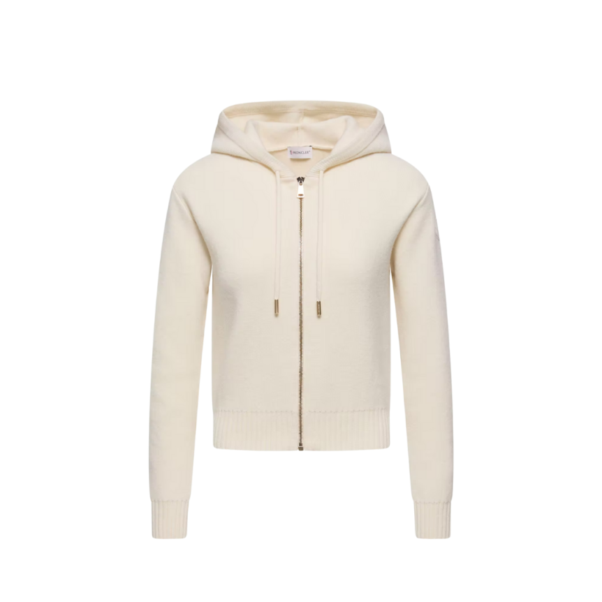 Cardigan zippé à capuche MONCLER laine vierge cachemire écru