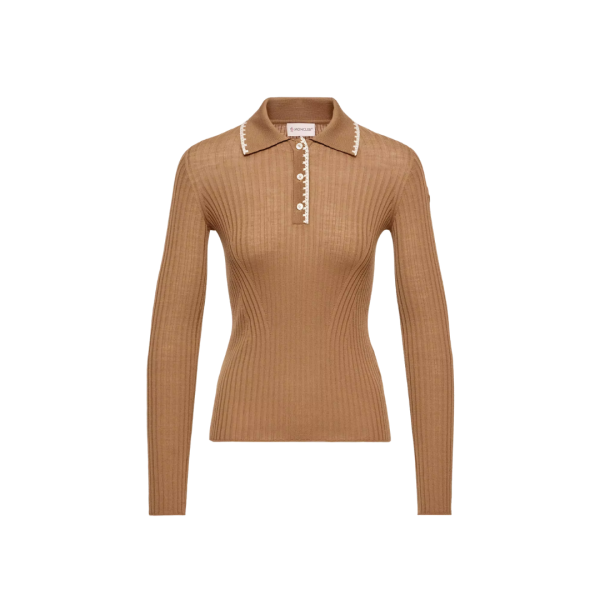 Pull polo MONCLER laine vierge mérinos caramel broderie col