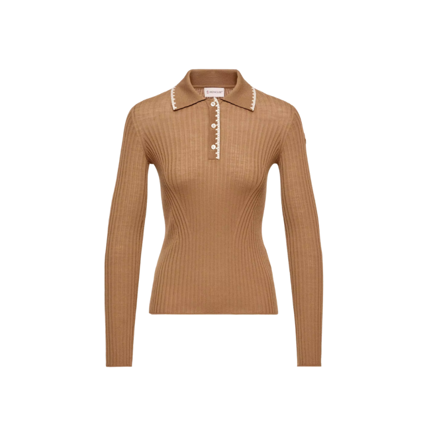 Pull polo MONCLER laine vierge mérinos caramel broderie col