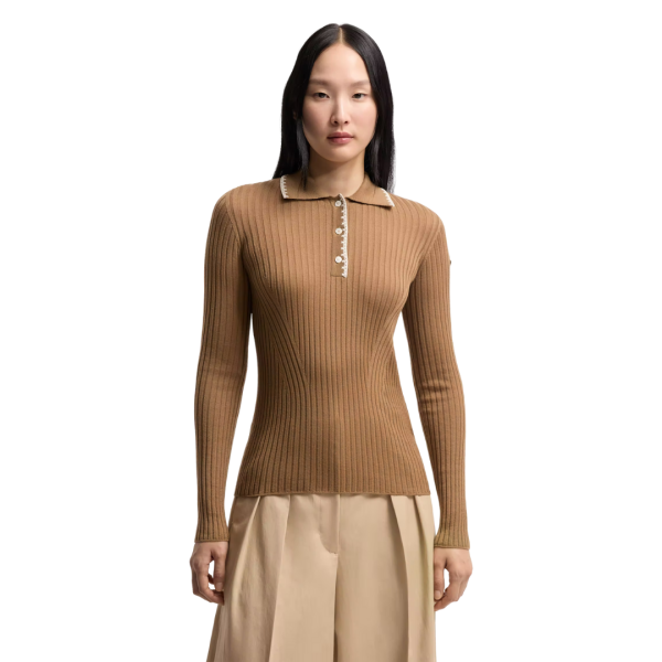 Pull polo MONCLER laine vierge mérinos caramel broderie col