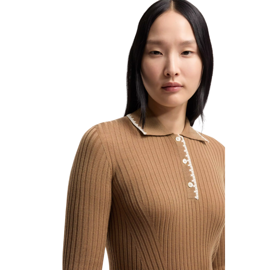 Pull polo MONCLER laine vierge mérinos caramel broderie col