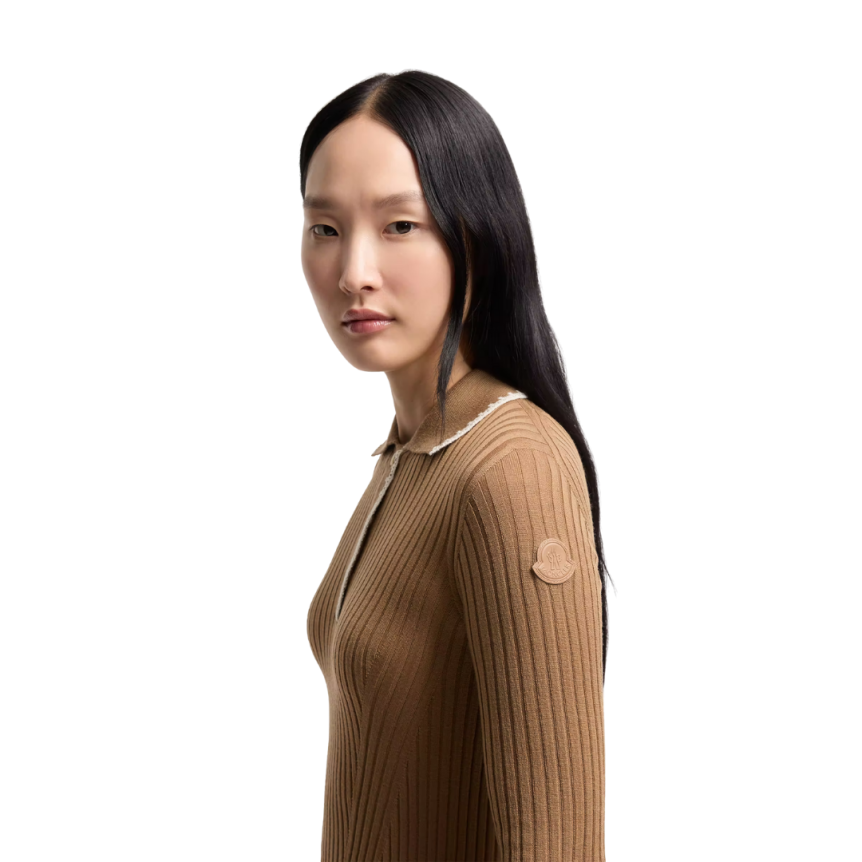 Pull polo MONCLER laine vierge mérinos caramel broderie col