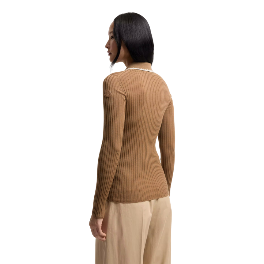 Pull polo MONCLER laine vierge mérinos caramel broderie col