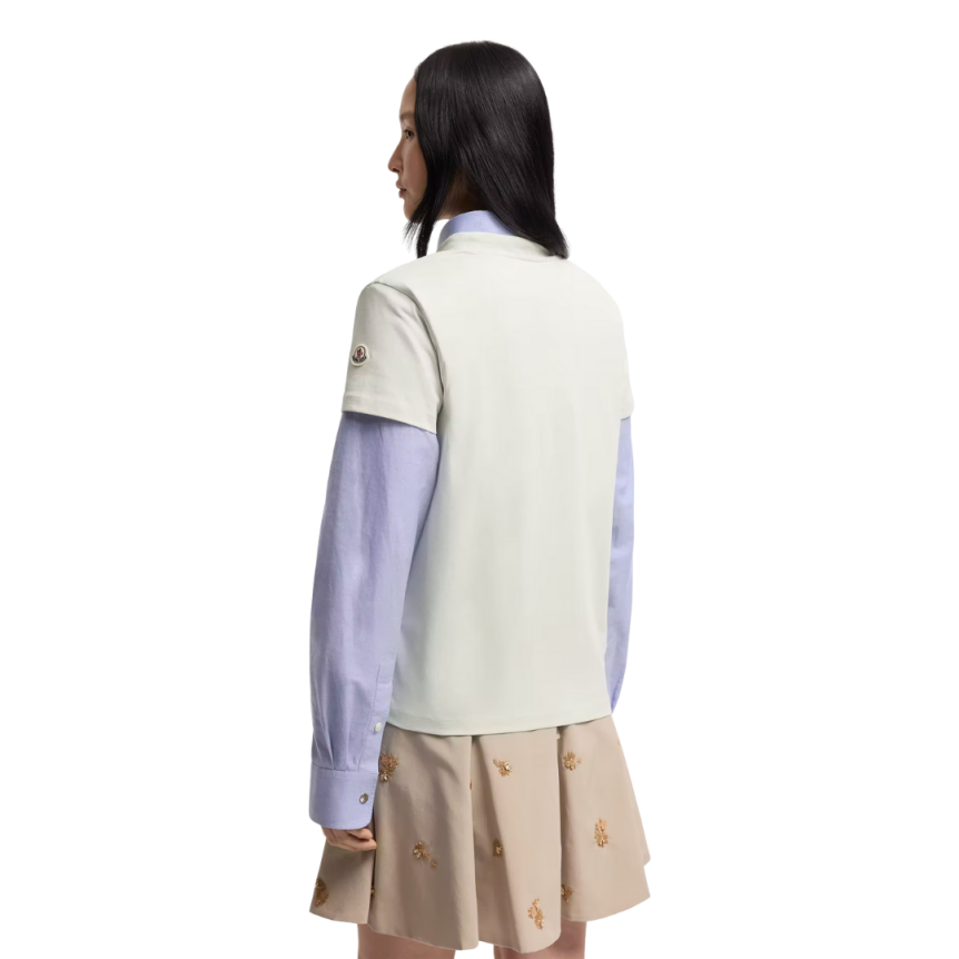 T-shirt col rond MONCLER coton vert d'eau broderie logo écriture ton sur ton