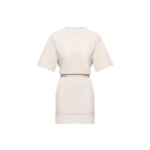 Mini robe t-shirt MONCLER coton mélangé écru lien à nouer ceinture