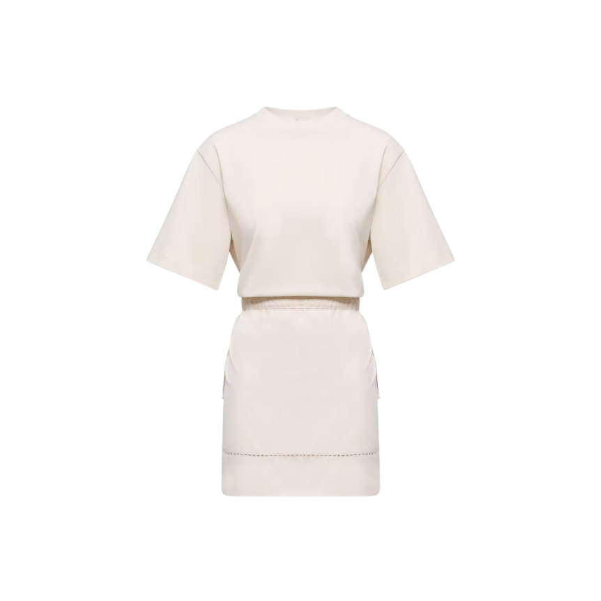 Mini robe t-shirt MONCLER coton mélangé écru lien à nouer ceinture