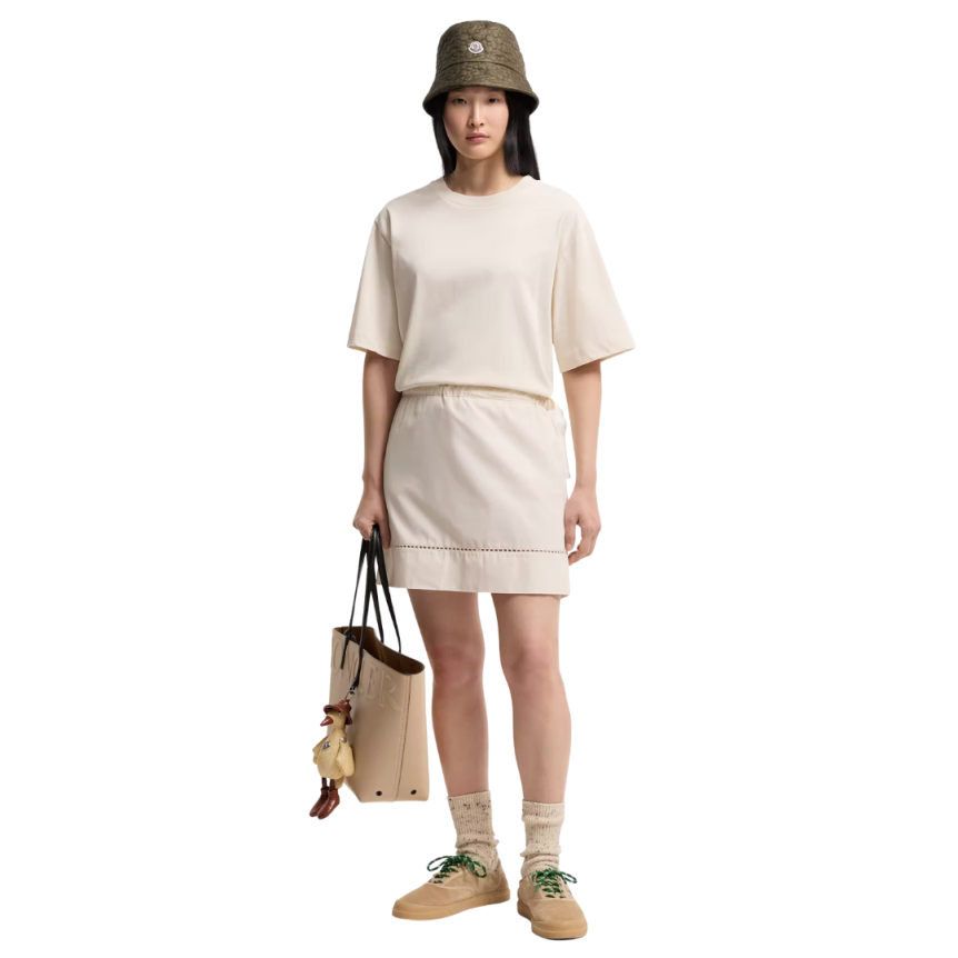 Mini robe t-shirt MONCLER coton mélangé écru lien à nouer ceinture
