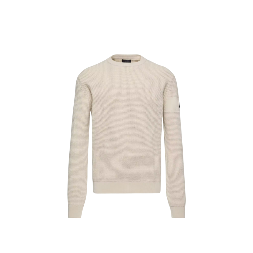Pull col rond MONCLER laine extra fine gaufré beige logo noir mat