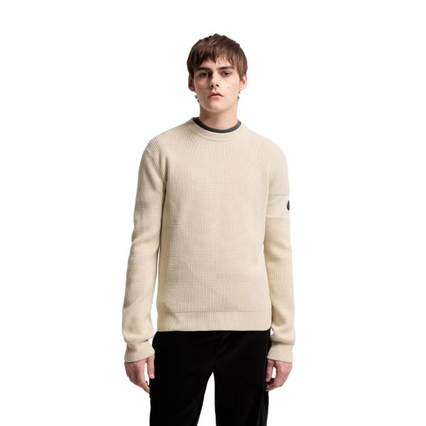 Pull col rond MONCLER laine extra fine gaufré beige logo noir mat