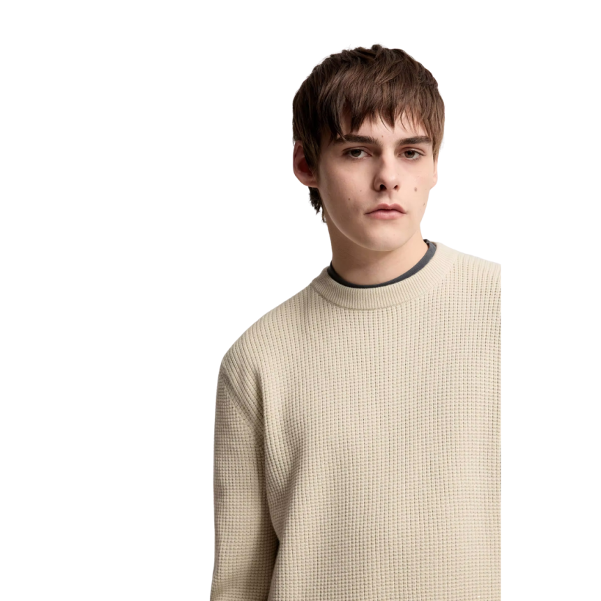 Pull col rond MONCLER laine extra fine gaufré beige logo noir mat