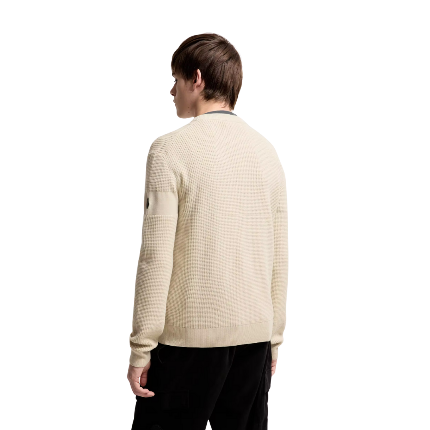 Pull col rond MONCLER laine extra fine gaufré beige logo noir mat