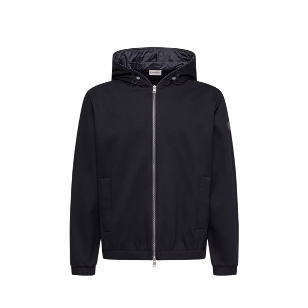 Sweat zippé MONCLER coton mélangé bleu marine capuche logo cuir