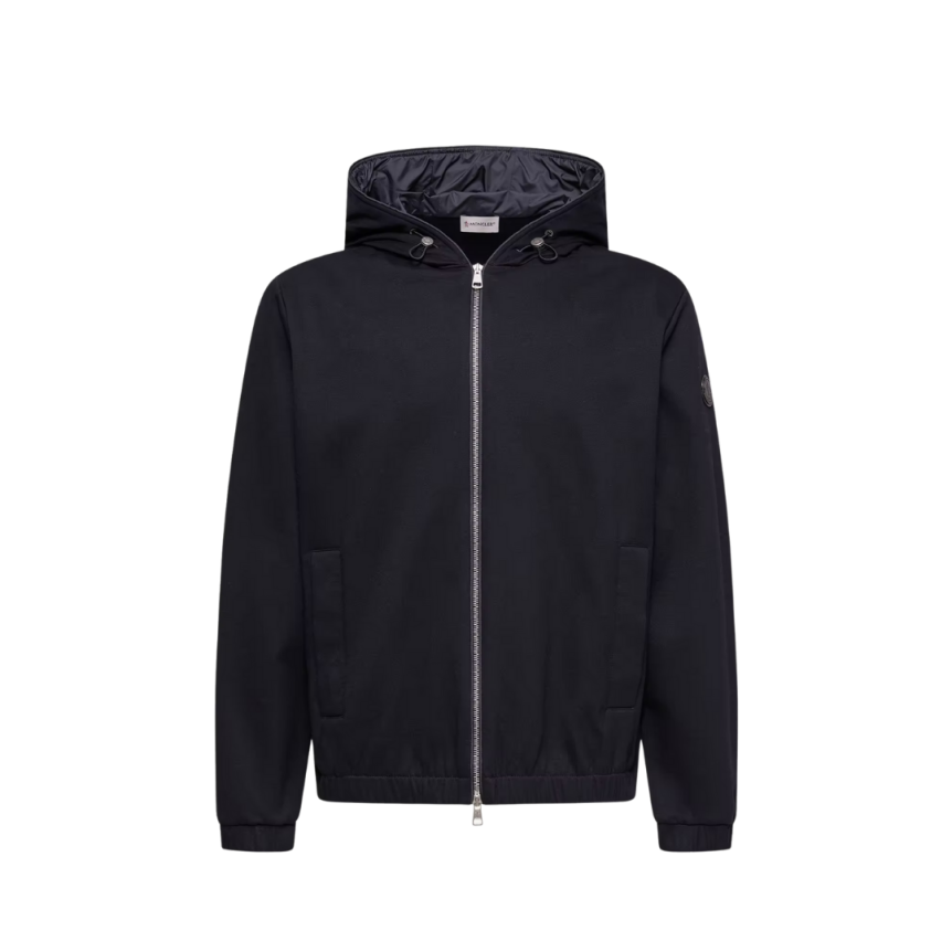 Sweat zippé MONCLER coton mélangé bleu marine capuche logo cuir