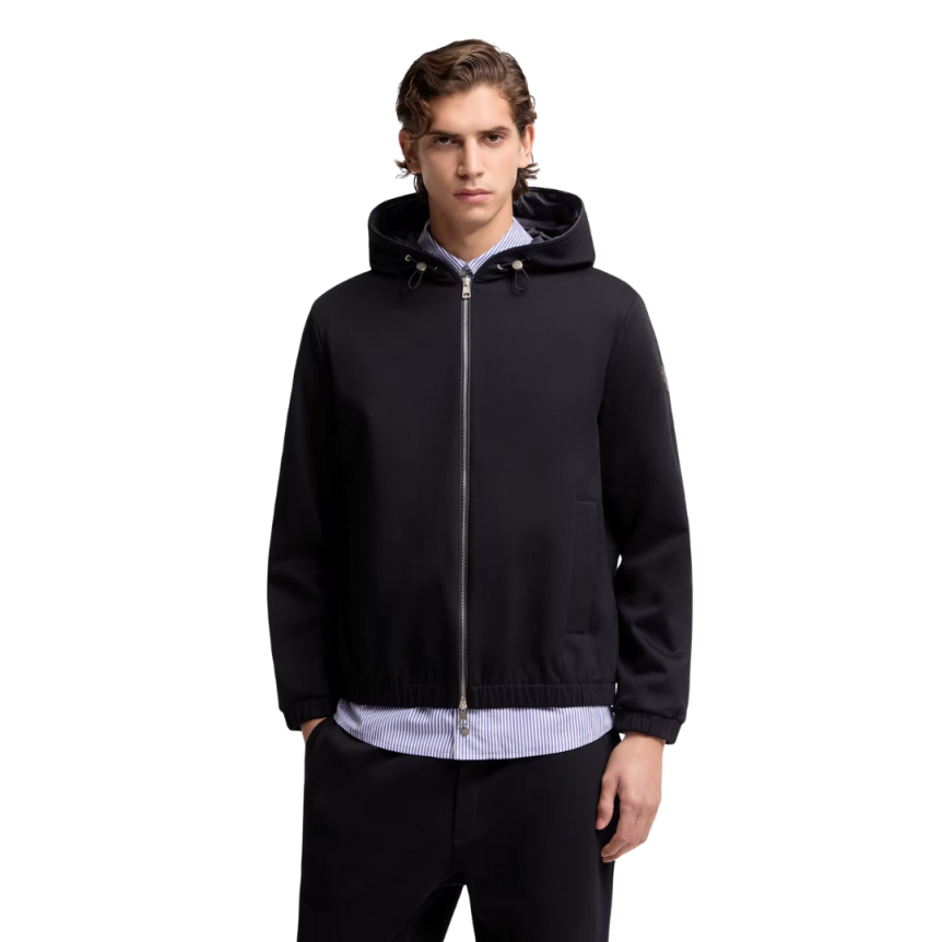 Sweat zippé MONCLER coton mélangé bleu marine capuche logo cuir