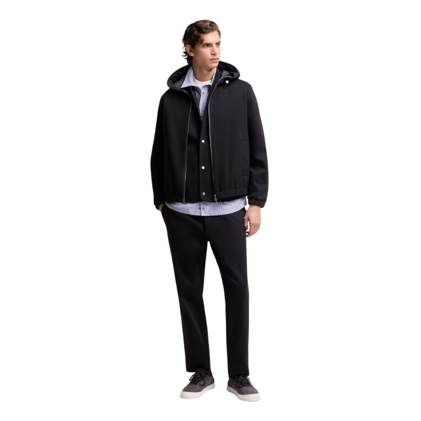 Sweat zippé MONCLER coton mélangé bleu marine capuche logo cuir