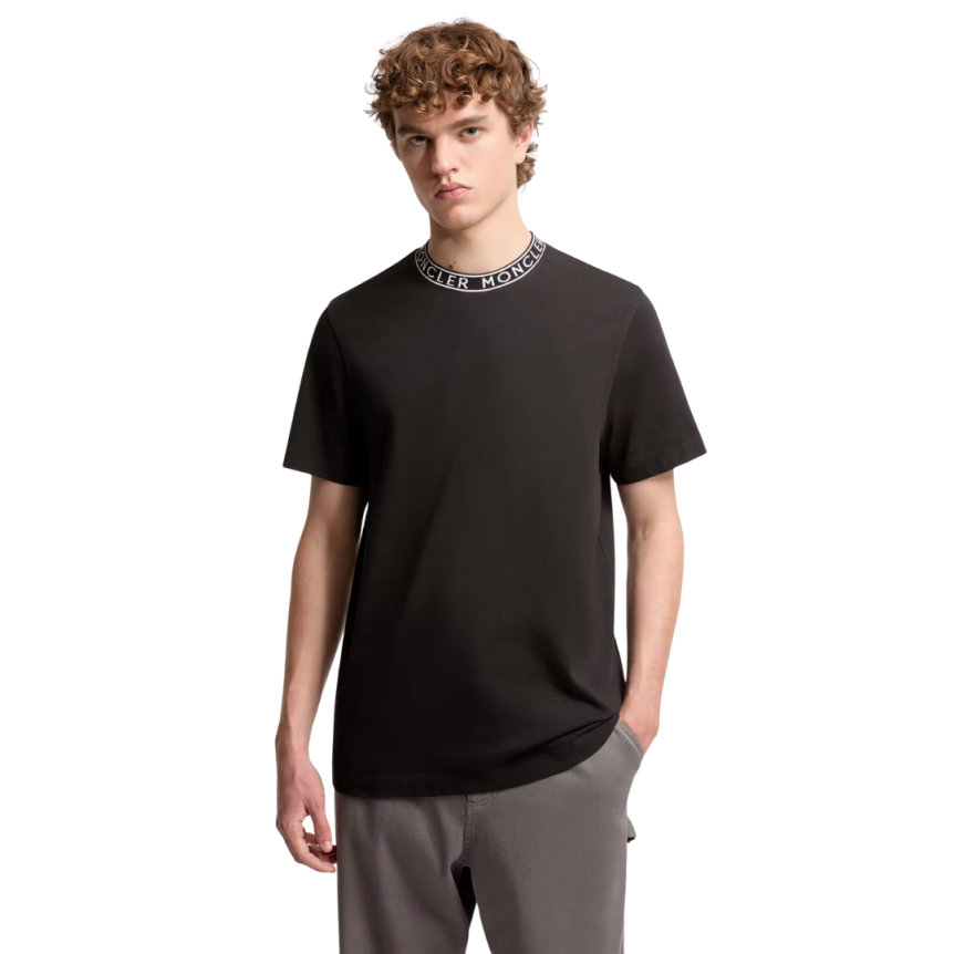 T-shirt coton noir à finitions logo Moncler blanc col