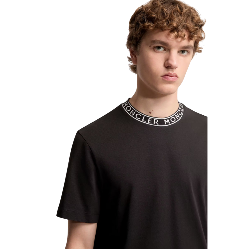 T-shirt coton noir à finitions logo Moncler blanc col