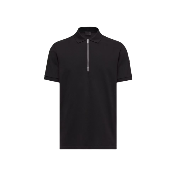 Polo semi-zippé MONCLER en piqué de coton noir à logo noir mat